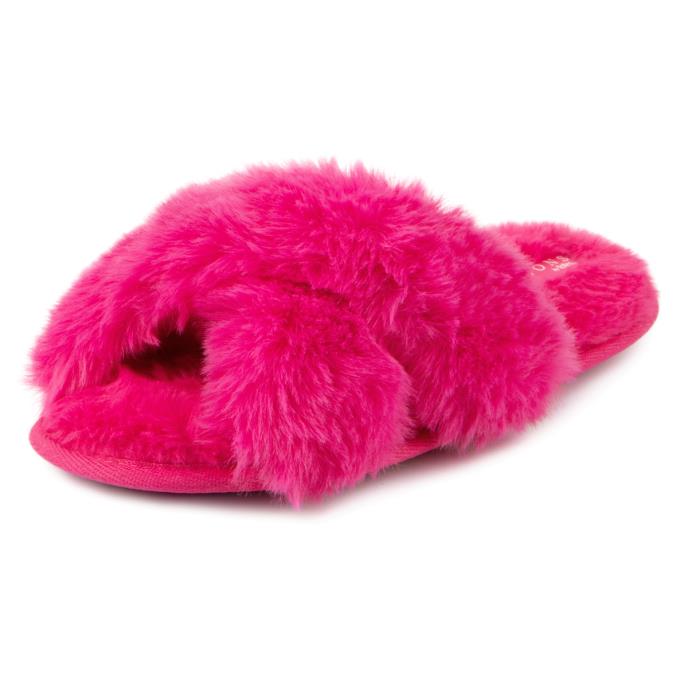 totes Ladies Icons Plush Faux Fur Cross Over Sliders Bright Pink Extra Image 3